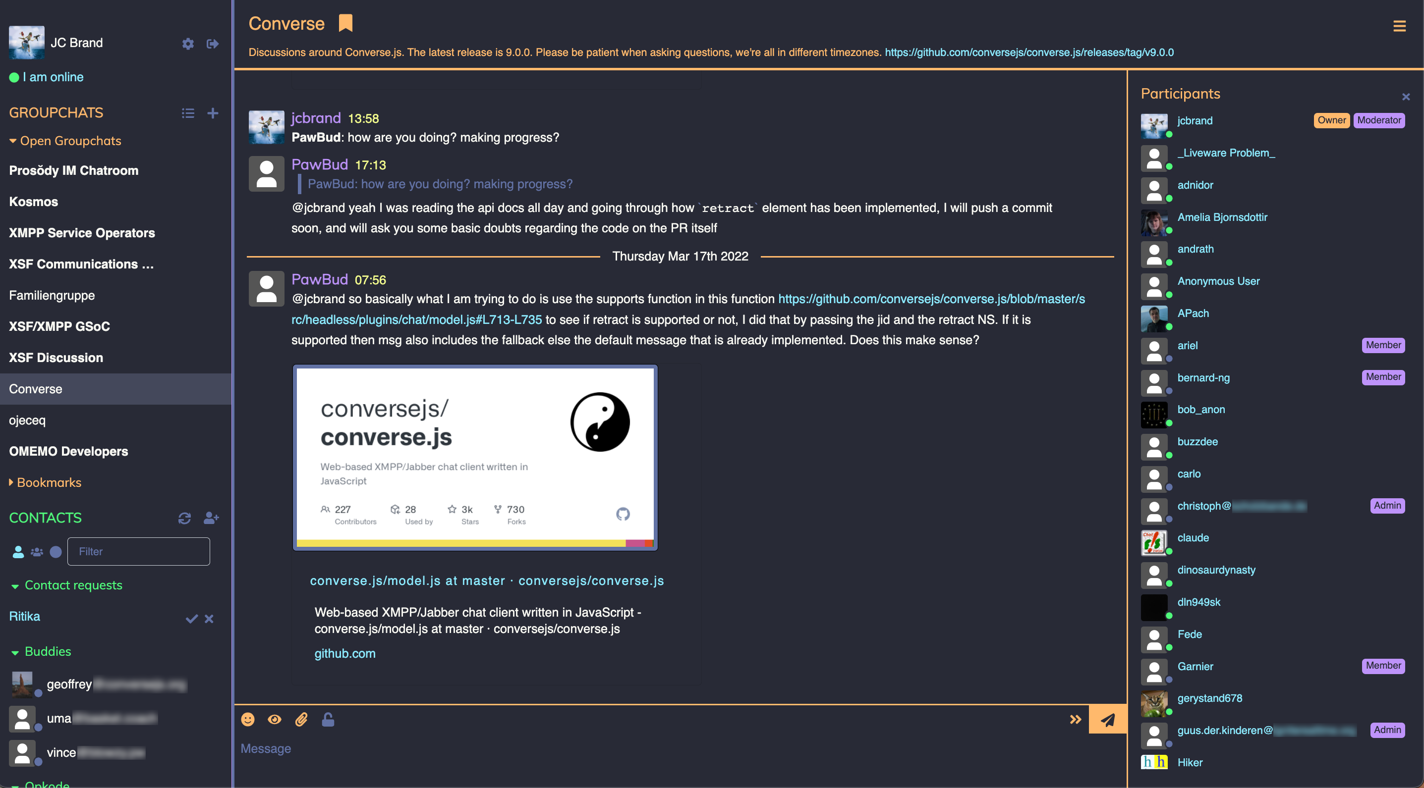 Screenshot of Converse 9.1.0 with a dark theme